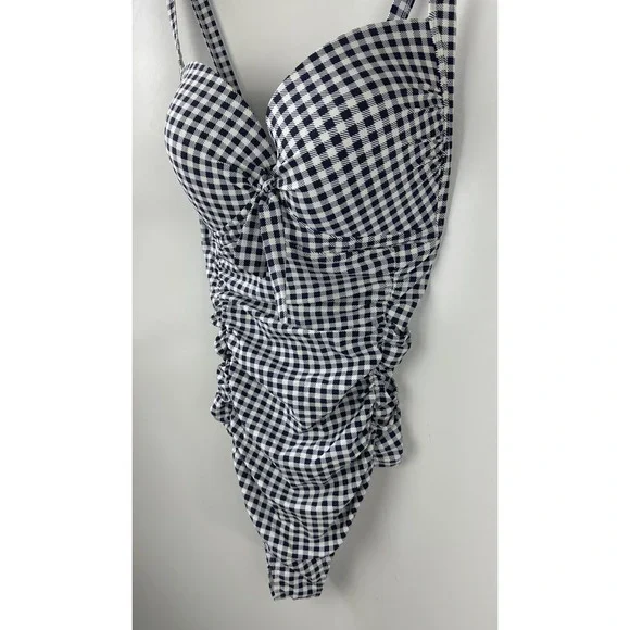Torrid Navy Gingham Tie Front Wireless Ruched One-Piece Swimsuit Plus Size 4 4X - Picture 5 of 16